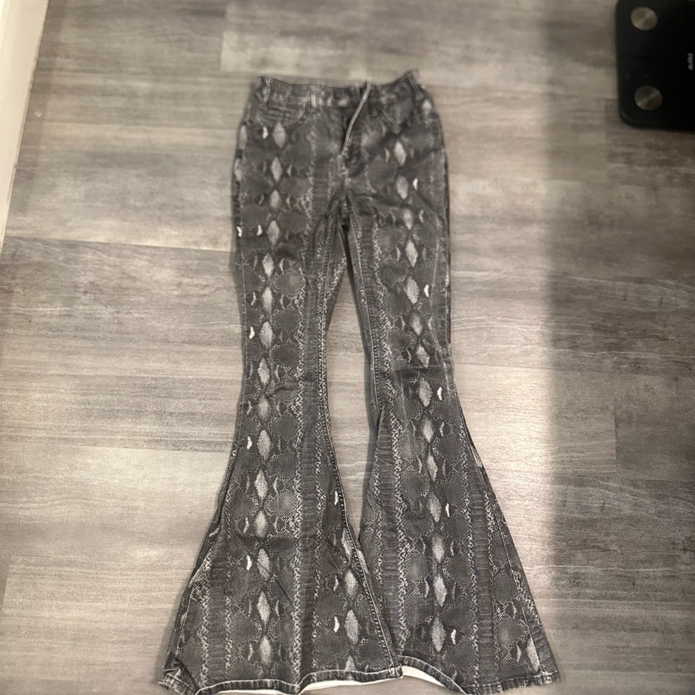 Gray Snake Print Flared Pants